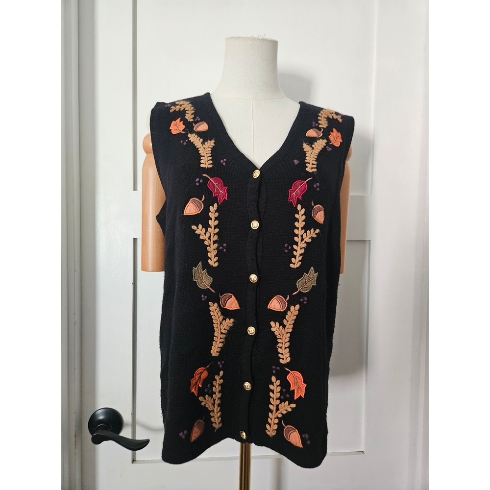 Vtg Crystal Kobe Fall Autumn Sweater Vest Medium Embroidered Leaves Acorns Black